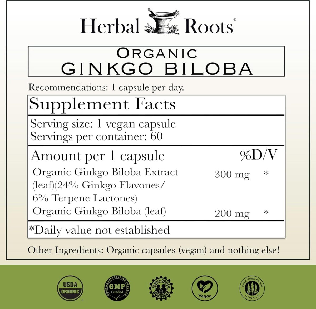 Herbal Roots Organic Ginkgo Biloba Made with Pure Organic Ginkgo Leaf - 1,400mg per Serving, 60 Vegan Capsules - Image 2