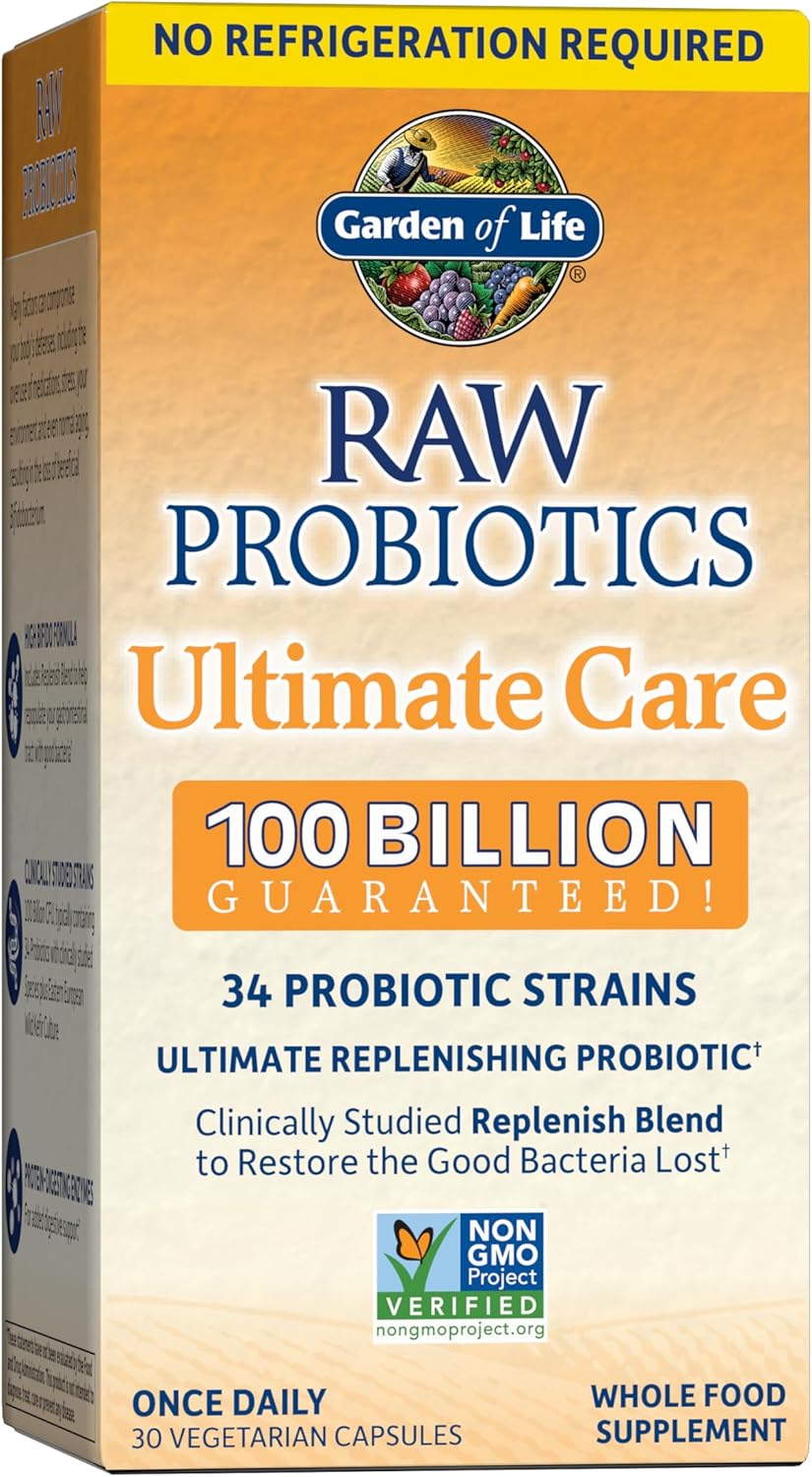 81oZuYduxyL._AC_SL1500_.jpg Raw Probiotics - 100 Billion CFU, Shelf Stable, 30 Capsules - For Men and Women, Digestive Enzymes, Clinically Studied Strains - by Garden of Life - Image 1