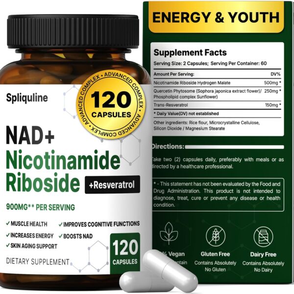 NAD Supplement with Resveratrol, Quercetin & Nicotinamide Riboside for Cellular Energy & Muscle Support, NAD+ Supplement for Men & Women, 120 Count