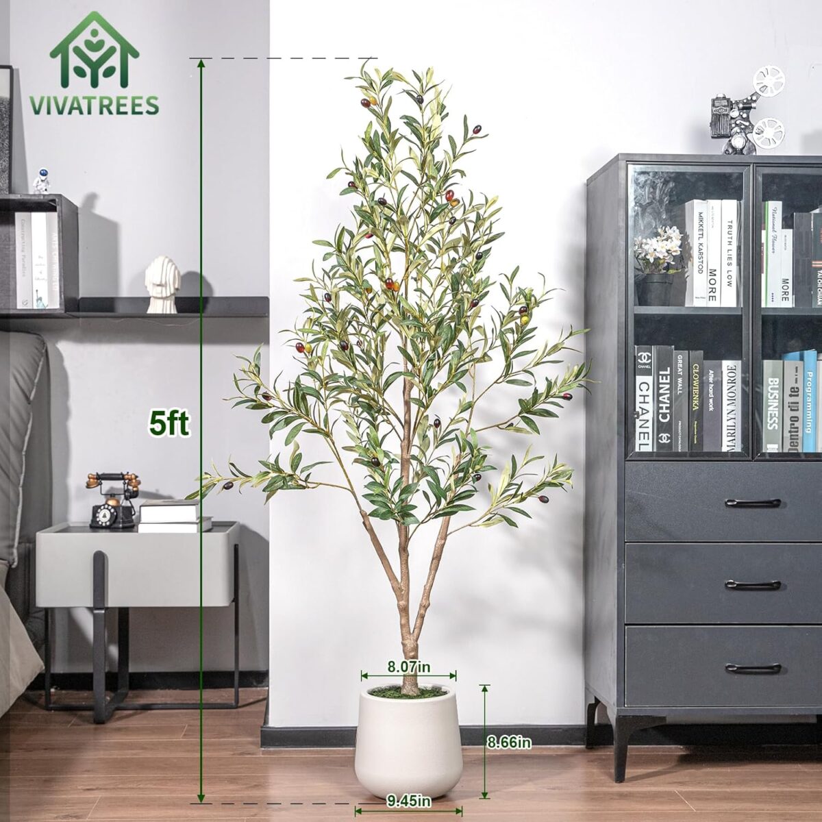 Olive Trees Artificial Indoor, 5FT Tall Faux Olive Tree with White Tall Planter, Artificial Plants with Natural Wood Trunk and Lifelike Fruits for Home Office Decor - Image 2