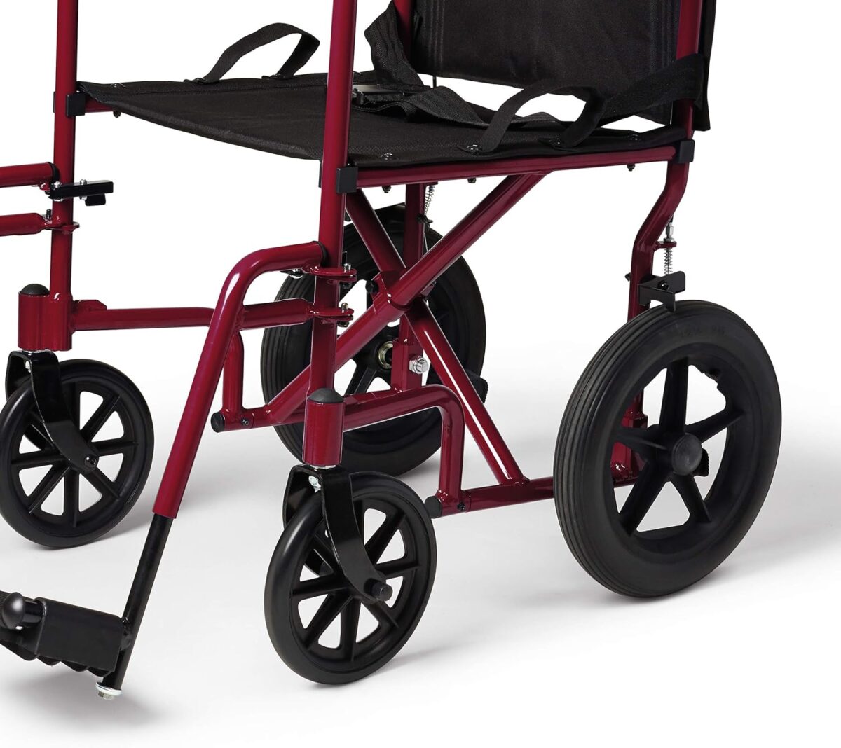 Medline Lightweight Foldable Transport Wheelchair with Handbrakes and 12-Inch Wheels, Red Frame, Black Upholstery - Image 7
