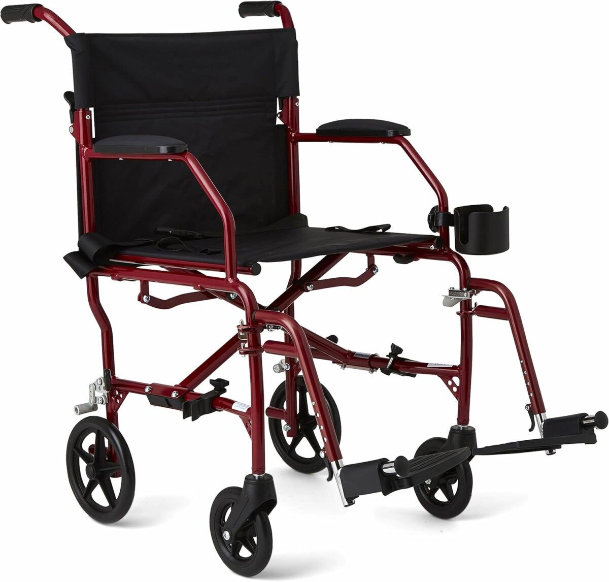 Medline Ultra Lightweight Transport Wheelchair for Adults, Foldable, 19-Inch Seat Width, Red Frame, Black Upholstery - Image 1