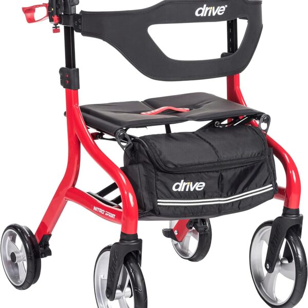 Drive Medical Nitro Sprint Foldable Rollator Walker with Seat, Standard Height Lightweight Rollator with Large Wheels, Folding Rolling Walker, Walker Rollator with Seat, Red