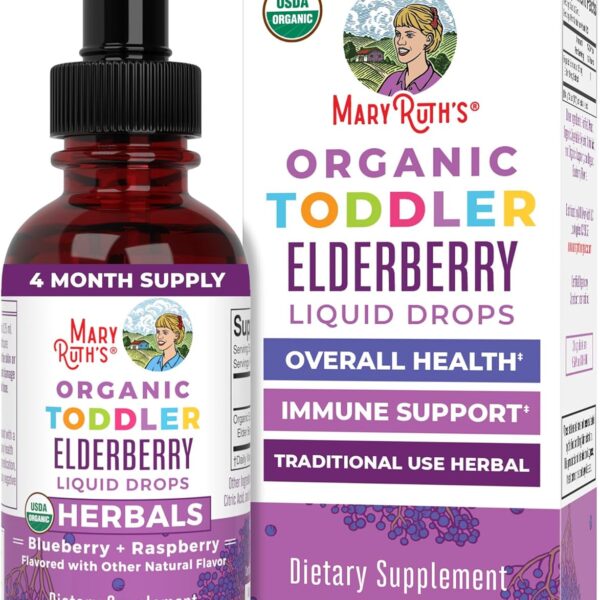 MaryRuth Organics Toddler Elderberry Syrup, USDA Organic Elderberry, Sugar Free Kids Immune Support Supplement for Ages 1-3 Years, Clean Label Project Verified®, Vegan, Non-GMO, Gluten Free, 1 Fl Oz