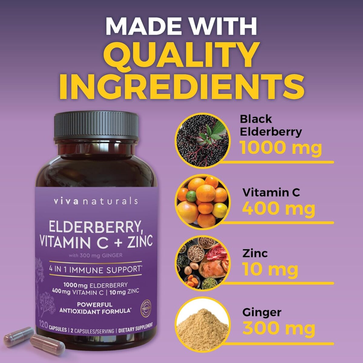 Viva Naturals Elderberry with Vitamin C and Zinc (120 Capsules) - 1000mg Sambucus Elderberry Immune Support Supplement, Black Elderberry Capsules for Adults, Elderberry Vitamins - 2 Months Supply - Image 5