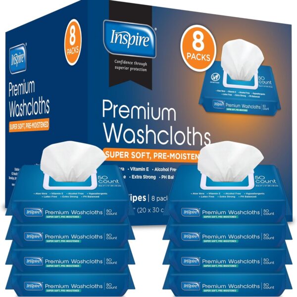 Inspire Adult Wet Wipes, Wash Cloths, Incontinence & Cleansing for Elderly Extra Large, 8"x12" (Pack of 8)