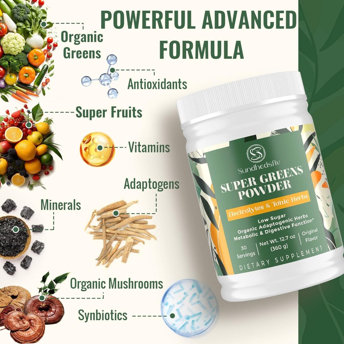 Super Greens Powder Superfood Supplement + Electrolytes & Tonic Herbs | Organic Greens, Adaptogens, Shilajit, Antioxidants, Prebiotic & Probiotic & Postbiotic | for Gut, Energy & Immune | 30 Servings - Image 3