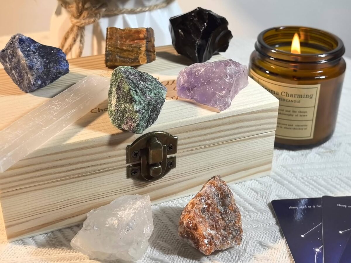 Crystals and Healing Stones in Wooden Gift Box+ Velvet Pouch +Info Guide, 1 pcs Amethyst Cluster,8pcs Raw Healing Chakra Stones for Yoga, Meditation, - Image 7