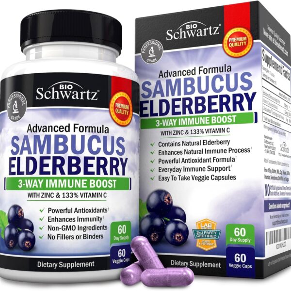 Elderberry with Zinc and Vitamin C for Adults - Immune Support Vitamins for Women and Men Natural Elderberries Black Sambucus Capsules - Immune Defense Multiminerals Supplement, Gluten-Free, 60 Ct