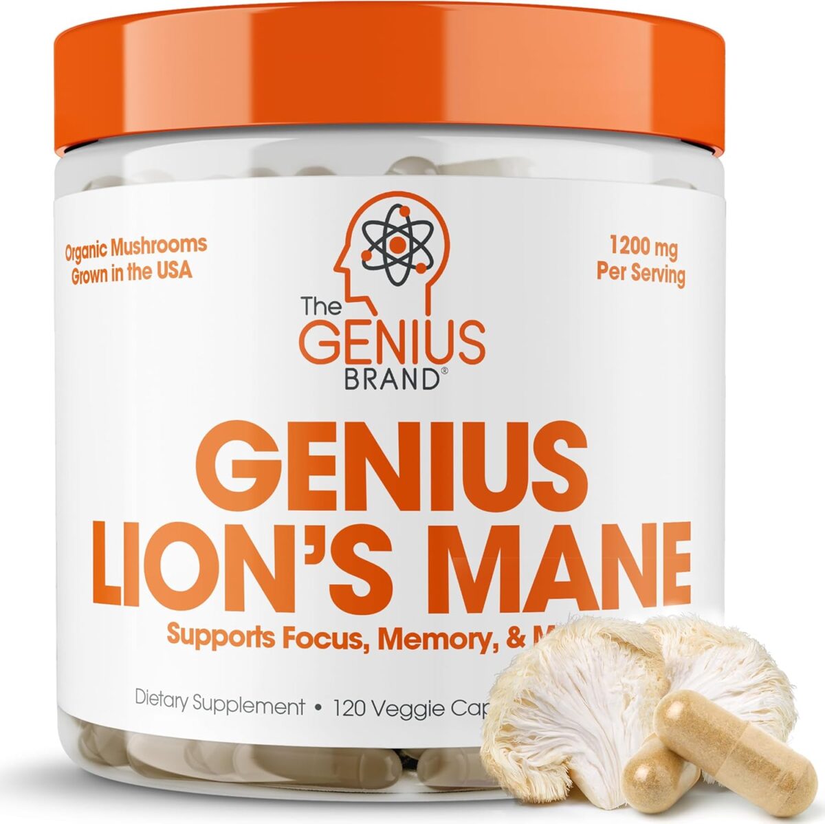 Genius Lion’s Mane Supplement Capsules – Organic Full Spectrum Mushrooms for Cognition, Focus & Memory – 1,200mg Per Serving, 120 Count (60 Servings) – Grown in The USA - Image 1