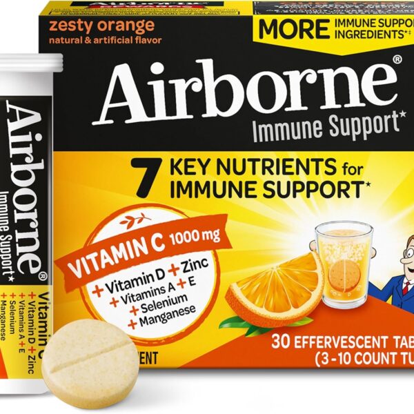 Airborne 1000mg Vitamin C with Zinc, SUGAR FREE Effervescent Tablets, Immune Support Supplement with Powerful Antioxidants Vitamins A C & E - 30 Fizzy Drink Tablets, Zesty Orange Flavor