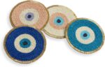 Folkulture Beaded Coasters for Drinks| Set of 4 Round Decorative Bar Easter Coaster for Easters Party| Cute Boho Coaster' for Cocktail| Evil Eye Gifts for Women (4")