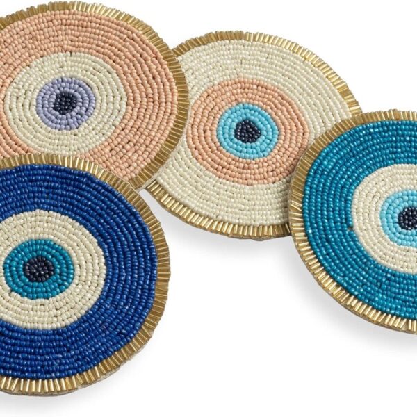 Folkulture Beaded Coasters for Drinks| Set of 4 Round Decorative Bar Easter Coaster for Easters Party| Cute Boho Coaster' for Cocktail| Evil Eye Gifts for Women (4")