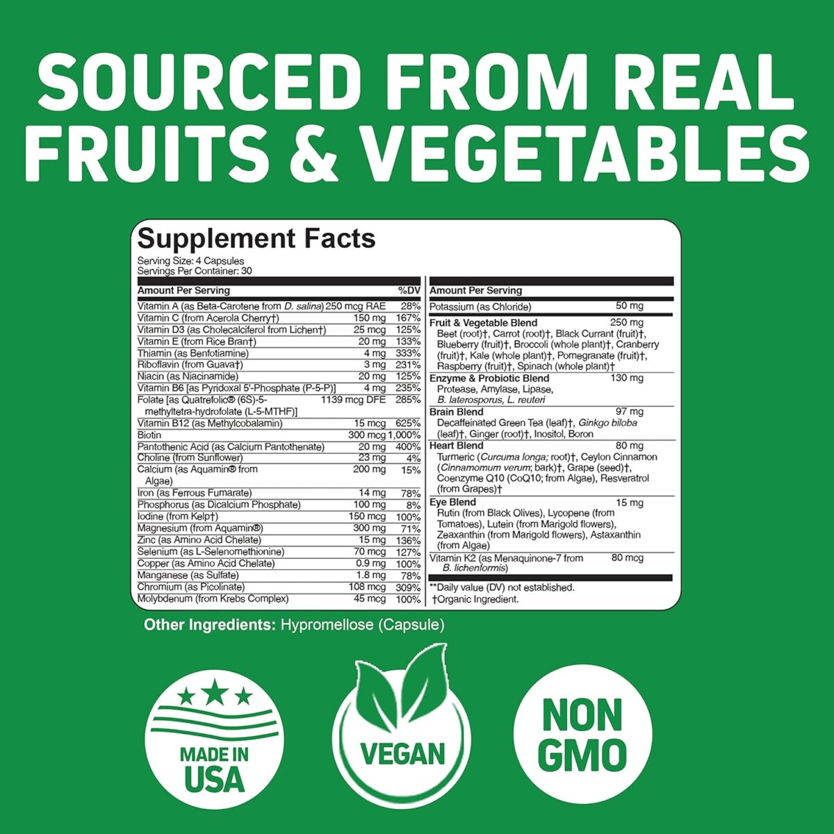 Whole Food Multivitamin for Adults | Multivitamins for Men & Women | Superfoods, Real Raw Veggies, Fruits, Vitamin E, A, B Complex | Vegan Non-GMO 120 Vegetarian Capsules - Image 2