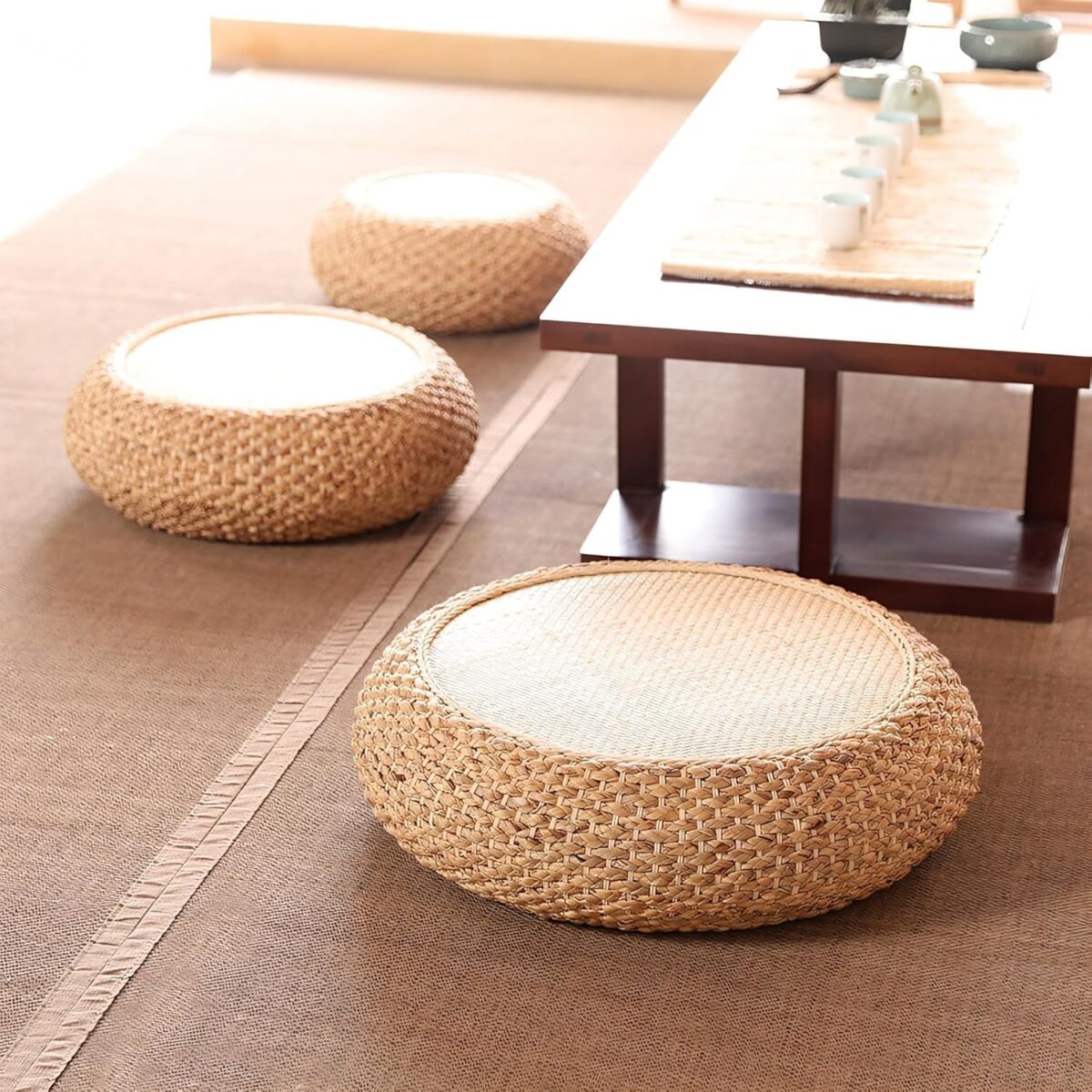 Seat Cushion, Tatami Floor Pillow Sitting Cushion, Round Sitting Padded Hand Woven Padded Knitted Straw Mat, Ottoman Footstool for Meditation, Zen, Yoga (19.69" Dia. x 6.70" H) - Image 6