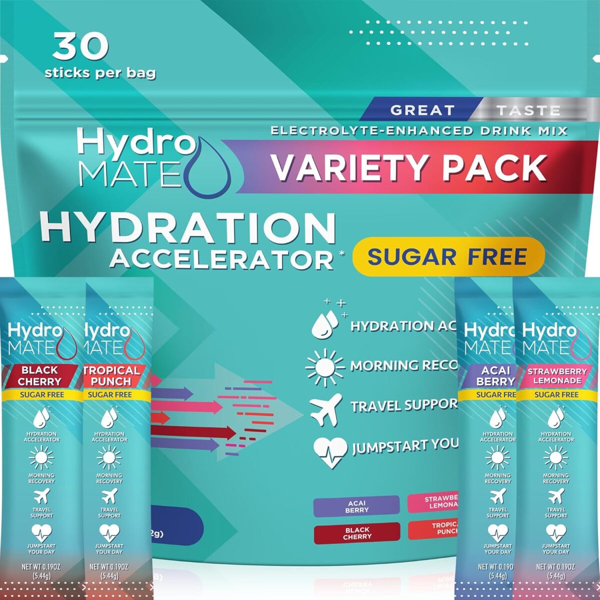 HydroMATE Electrolytes Powder No Sugar Variety Pack - 30 Instant Hydration Packets with Vitamin C to Boost Energy - Sugar Free Electrolytes to Support Hydration on Keto Diet & Party Favors - Image 1