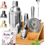 Barillio Bartender Kit - Stainless-Steel Cocktail Shaker Set with Bamboo Stand - Mixology Bar Tools w/Shaker, Drink Mixer Spoon & Muddler for Cocktails - Home Bar Accessories - 10-Pc Bar Set - Silver
