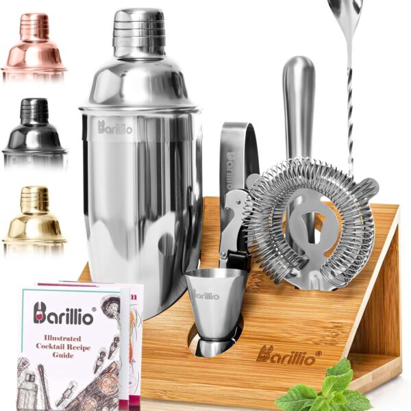 Barillio Bartender Kit - Stainless-Steel Cocktail Shaker Set with Bamboo Stand - Mixology Bar Tools w/Shaker, Drink Mixer Spoon & Muddler for Cocktails - Home Bar Accessories - 10-Pc Bar Set - Silver