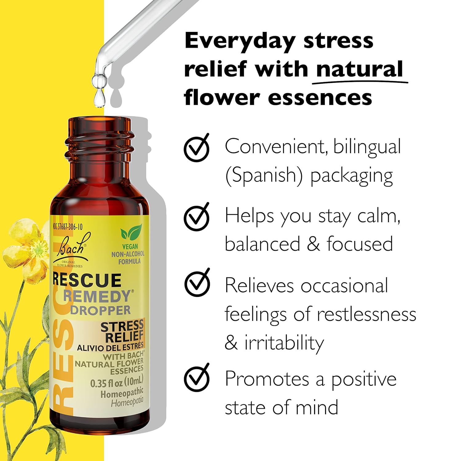 81vhHZNjniL._SL1500_.jpg RESCUE Bach Remedy Dropper 10mL, Natural Stress Relief, Homeopathic Flower Essence, Vegan, Gluten & Sugar-Free, Non-Habit Forming (Non-Alcohol Formula) - Image 1