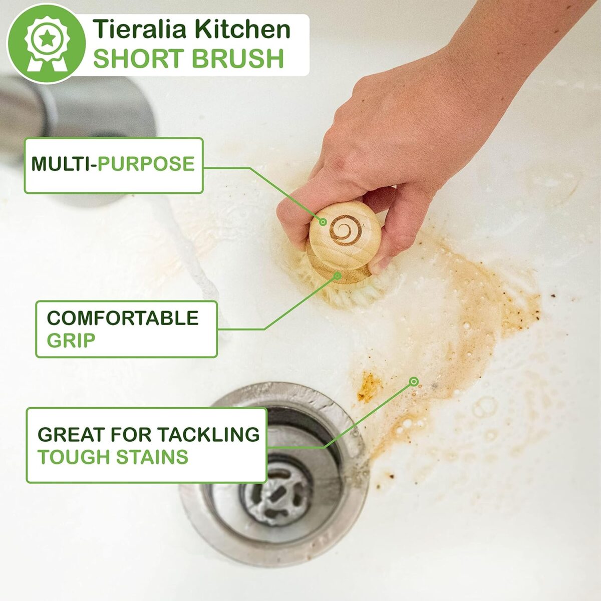 Tieralia 5-Piece Eco-Friendly Bamboo Dish Brush Set with Compostable Wood Pulp Sponges | Bamboo Kitchen Cleaning Set - Image 3