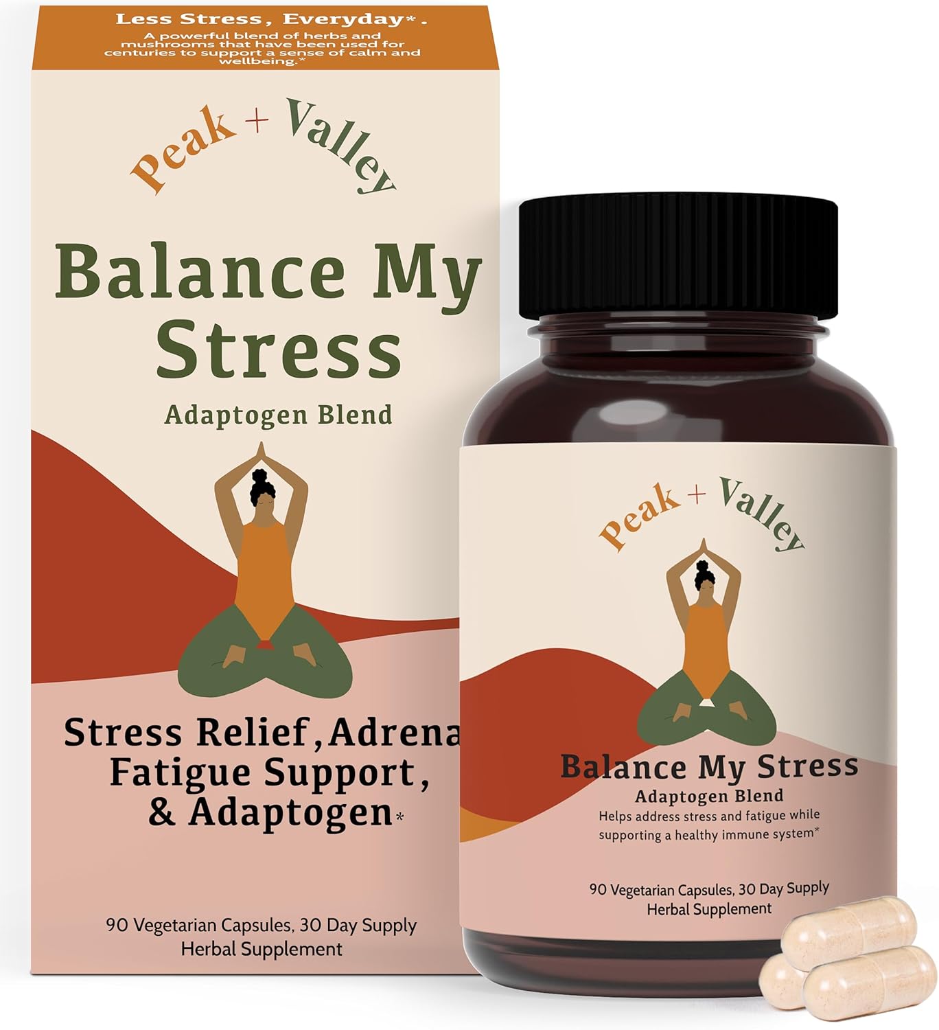 81wds-XY7L._AC_SL1500_.jpg Peak + Valley Stress Relief Supplement for Mood Support Balance My Stress Capsules - Contains Adaptogens, Ashwagandha, Eleuthero Root, Reishi Mushroom Supplement - Natural Mood Stabilizer - 90 Ct - Image 1