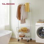Tajsoon Laundry Cart with Hanging Rack, Metal Rolling Laundry Cart with Wheels and Storage Basket, Silver - Image 6