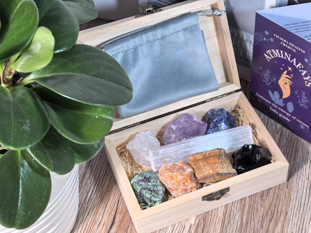 Crystals and Healing Stones in Wooden Gift Box+ Velvet Pouch +Info Guide, 1 pcs Amethyst Cluster,8pcs Raw Healing Chakra Stones for Yoga, Meditation, - Image 6