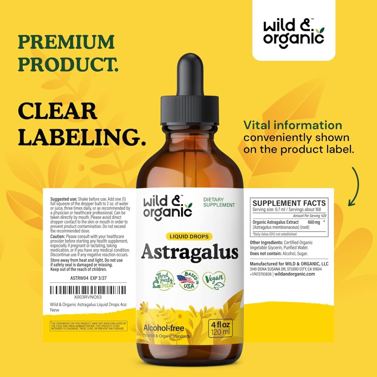 Wild & Organic Astragalus Tincture - Immune Support Supplement w/Astragalus Root Extract - Vegan Tincture for Immunity - Sugar & Alcohol-Free Drops - 4 fl oz - Image 9
