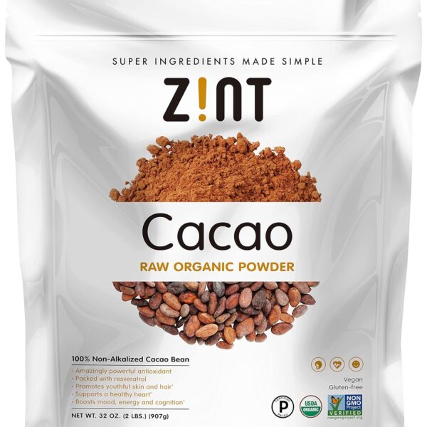 Zint Organic Cacao Powder (32 oz): Paleo-Certified, Organic, Non GMO, Anti Aging Antioxidant Superfood, Gluten Free Cocoa Cacao Beans, Pure Delicious Chocolate Essence, 32 Ounce