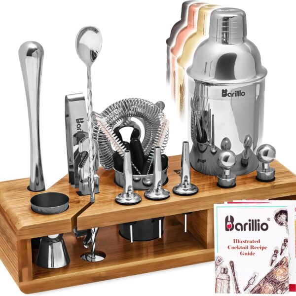 Barillio Bartender Kit - Stainless-Steel Cocktail Shaker Set w/Bamboo Stand - Mixology Bar Tools w/Drink Shaker, Mixer Spoon & Muddler for Cocktails - Home Bar Accessories - 23-Pc Bar Set - Silver