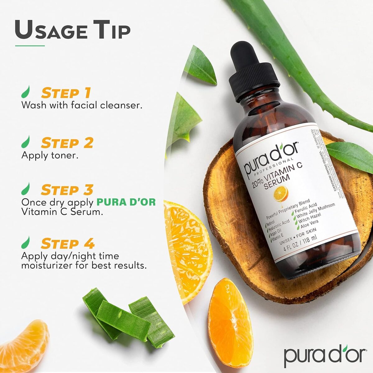 PURA D'OR 20% Vitamin C Serum 4 Oz - Lightweight Maximum Strength Formula - Retinol, Hyaluronic Acid, Ferulic Acid - Professional Grade Treatment For Face & Eyes, Wrinkles - Men & Women - Image 7