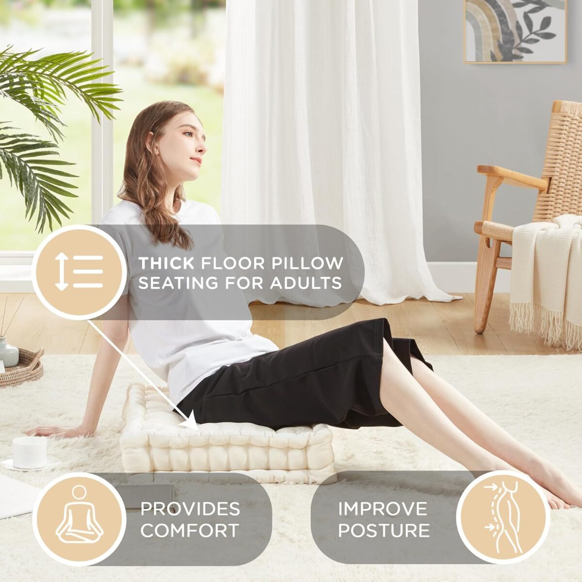 INNA Meditation Floor Pillow, Large Pillows Seating for Adults, Tufted Thick Chenille Cushion for Yoga Living Room Sitting (Inna White) 2 Pack - Image 5