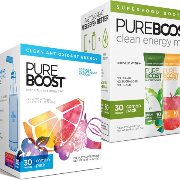 Pureboost Clean Energy and Superfoods Bundle. 60 Stick Packs Boosted with B12, Vitamin C and More. Fruity Combo Pack + Superfoods Combo Pack which Includes 7 Organic Superfoods + Apple Cider Vinegar