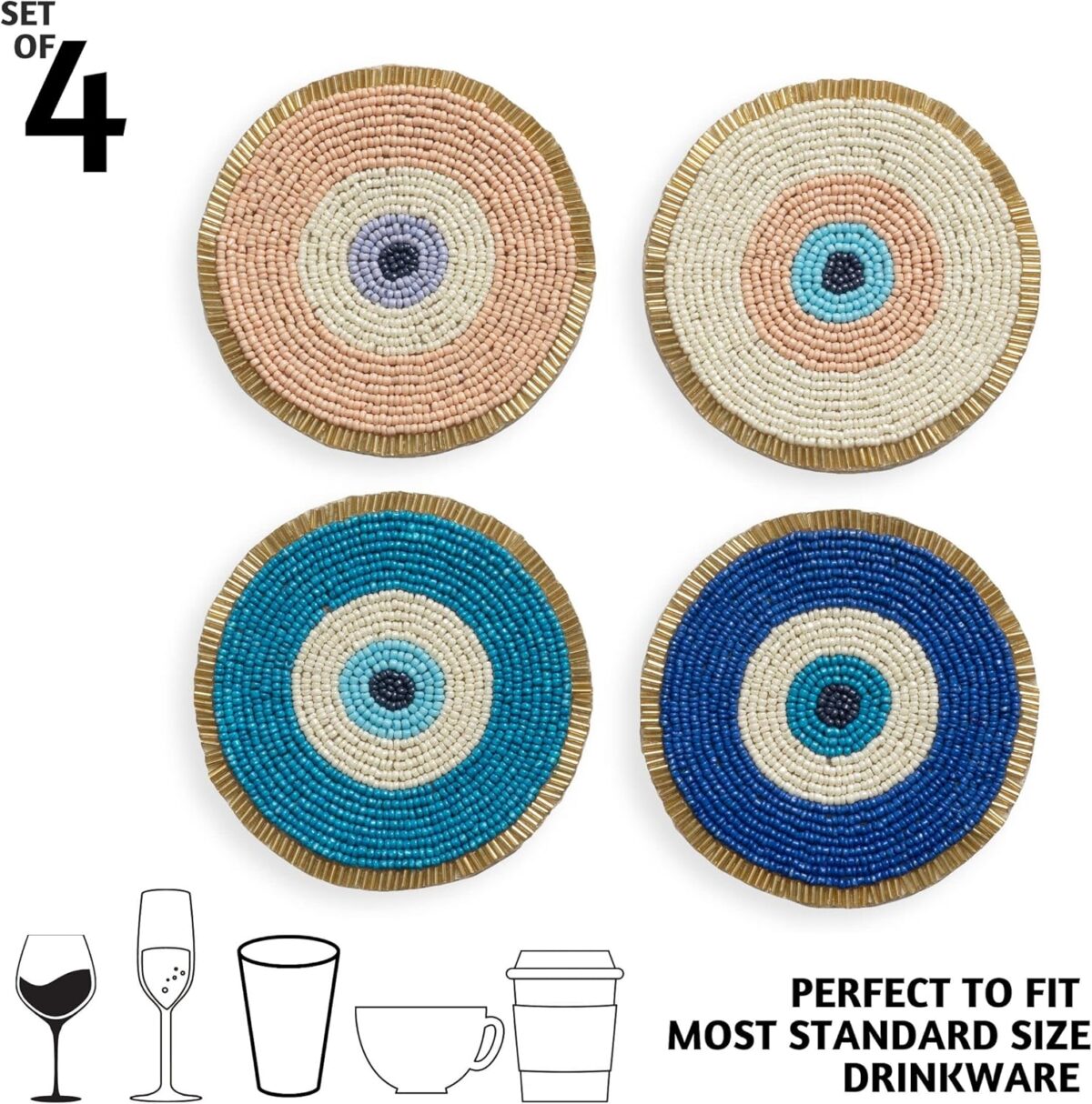 Folkulture Beaded Coasters for Drinks| Set of 4 Round Decorative Bar Easter Coaster for Easters Party| Cute Boho Coaster' for Cocktail| Evil Eye Gifts for Women (4") - Image 3