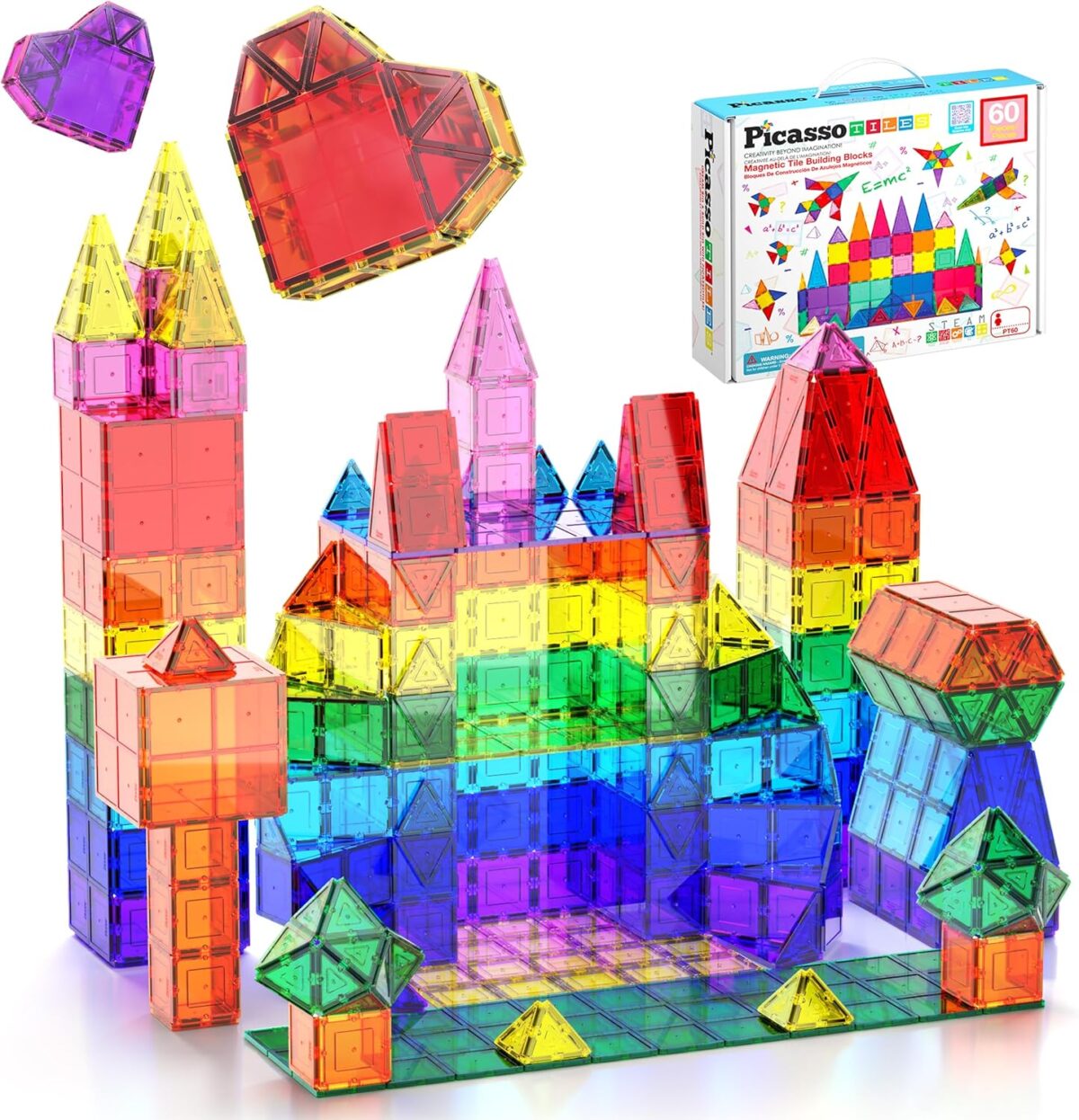 PicassoTiles Magnetic Tiles 60pcs Kids Toys Classroom Sensory Toy for Toddlers STEM Learning Building Blocks, Montessori Pretend Play Magnet Tile Construction Stacking Block Boys Girls Ages 3+ PT60 - Image 1