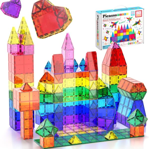 PicassoTiles Magnetic Tiles 60pcs Kids Toys Classroom Sensory Toy for Toddlers STEM Learning Building Blocks, Montessori Pretend Play Magnet Tile Construction Stacking Block Boys Girls Ages 3+ PT60