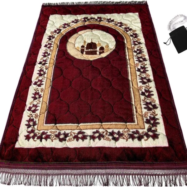 Prayer Rug Muslim Prayer Mat Islamic - Very Thick Prayer Rug Sajadah for Men Women with Islam Prayer Beads for Eid Travel Ramadan, Soft and Luxury (RED)