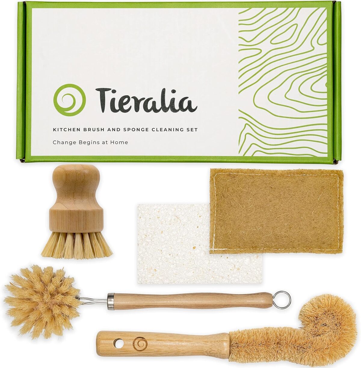 Tieralia 5-Piece Eco-Friendly Bamboo Dish Brush Set with Compostable Wood Pulp Sponges | Bamboo Kitchen Cleaning Set - Image 1