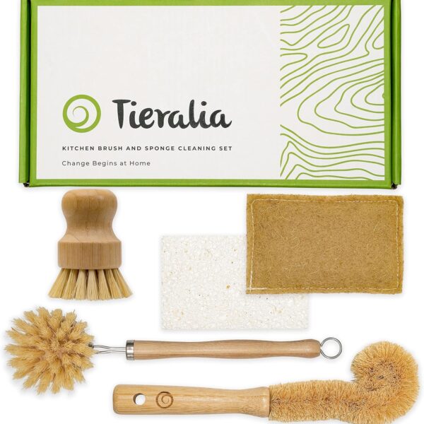 Tieralia 5-Piece Eco-Friendly Bamboo Dish Brush Set with Compostable Wood Pulp Sponges | Bamboo Kitchen Cleaning Set