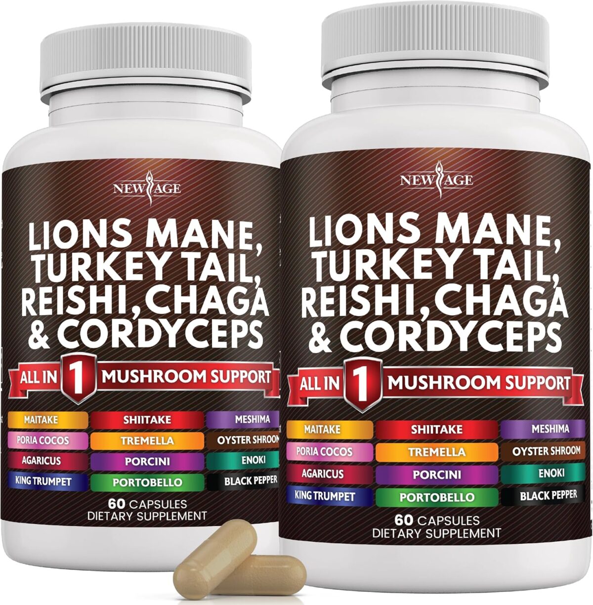 NEW AGE Lions Mane Mushroom Supplement with Turkey Tail Reishi Cordyceps Chaga with Marshmallow Root - 120 Count - Image 1