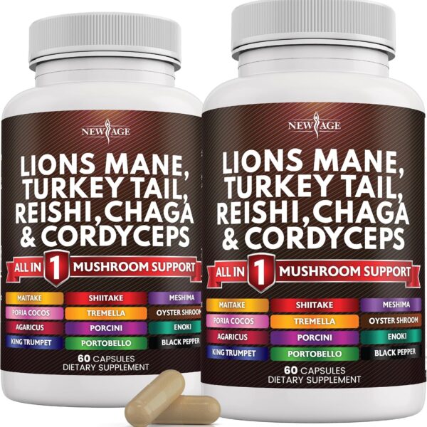 NEW AGE Lions Mane Mushroom Supplement with Turkey Tail Reishi Cordyceps Chaga with Marshmallow Root - 120 Count