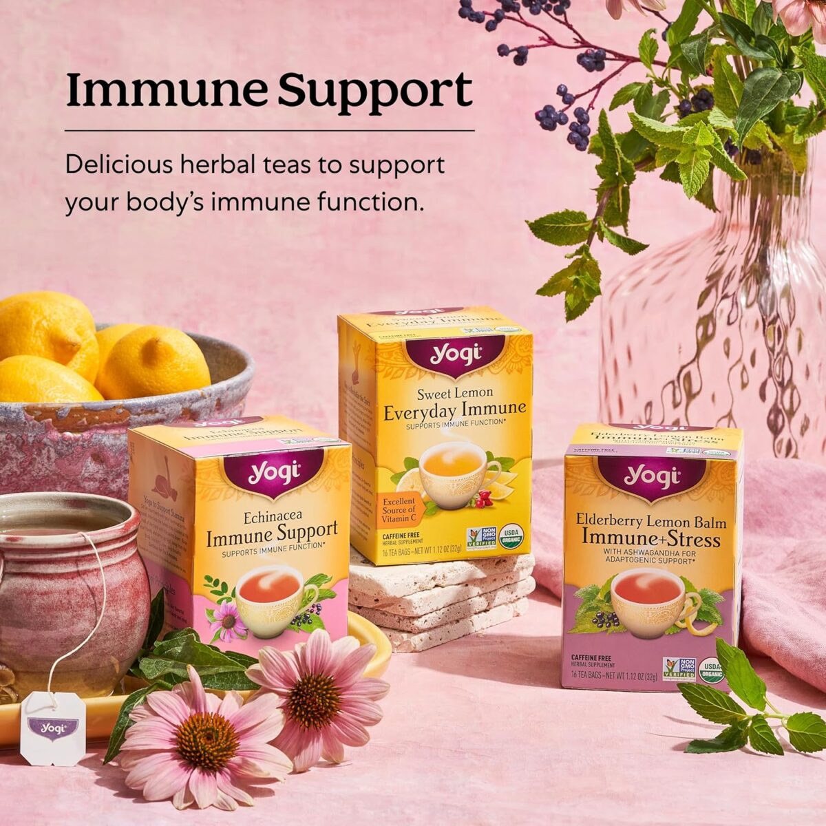 Yogi Tea Immune Support Tea Variety Pack - 16 Tea Bags per Pack (3 Packs) - Immunity Support Tea Sampler Set - Sweet Lemon Everyday Immune Tea, Honey Chai Turmeric Vitality Tea & More - Image 5