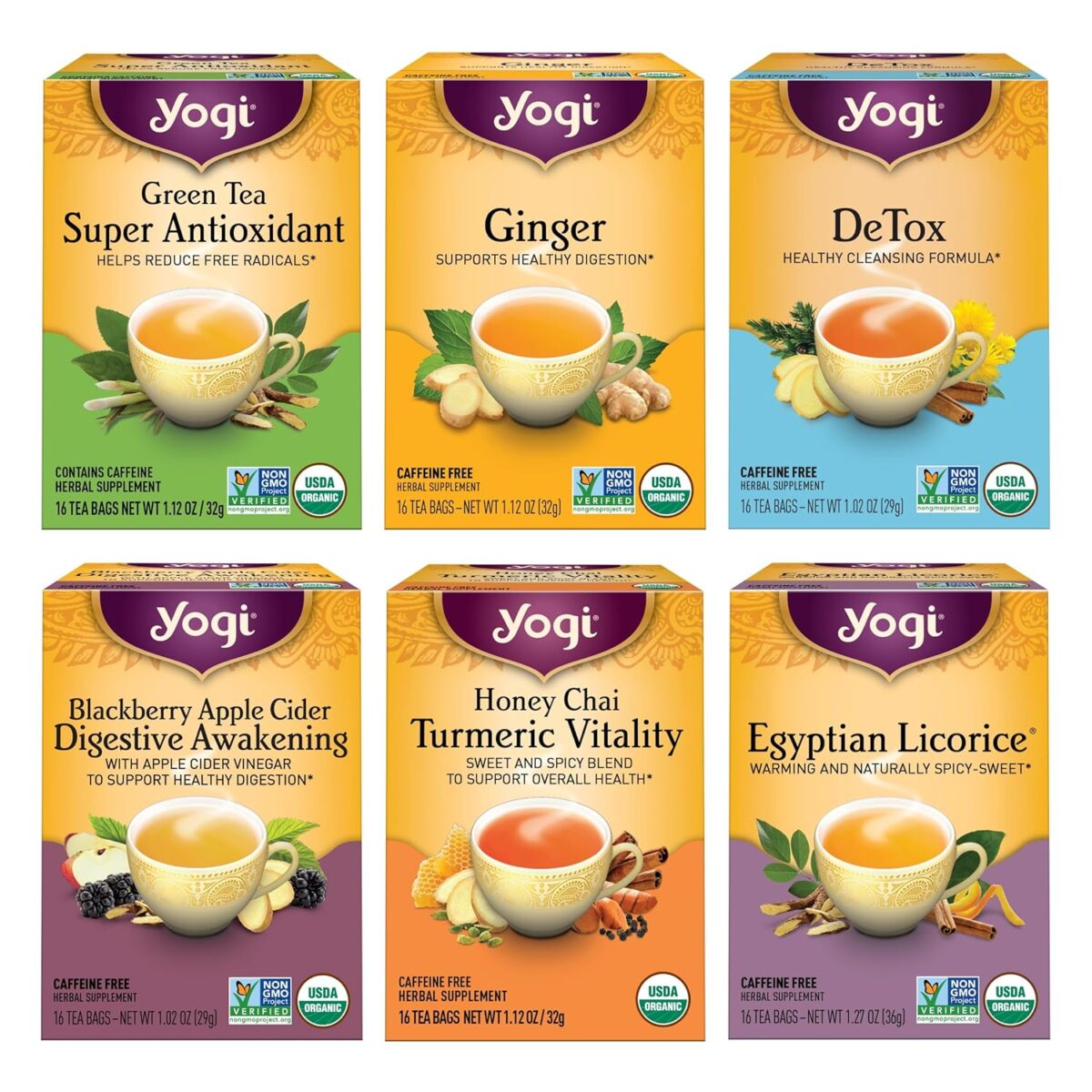 Yogi Tea Digestion & Detox Variety Sampler - 16 Bags per Pack (6 Packs) - Cleanse & Digestion Support - Includes Ginger, Detox, Green Tea Super Antioxidant & More - Image 1