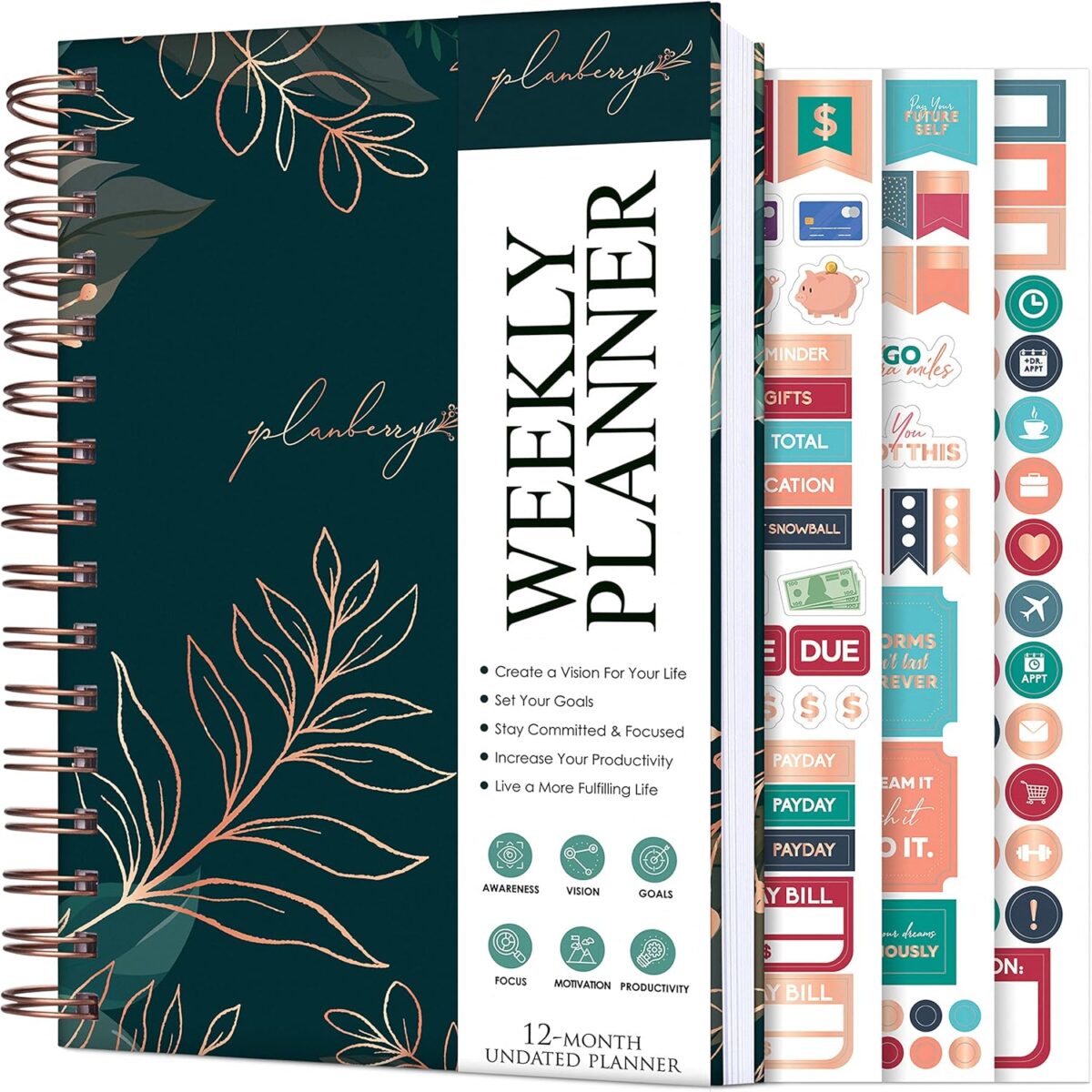 PLANBERRY Weekly Planner – Undated Life Organizer & Budget Planner – Time Management, Goal Setting, to-Do List, Work-Life Balance & Habit Tracker – 6.1″ x 8.1″ (Green Pastures) - Image 1