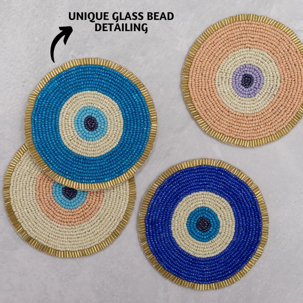 Folkulture Beaded Coasters for Drinks| Set of 4 Round Decorative Bar Easter Coaster for Easters Party| Cute Boho Coaster' for Cocktail| Evil Eye Gifts for Women (4") - Image 2