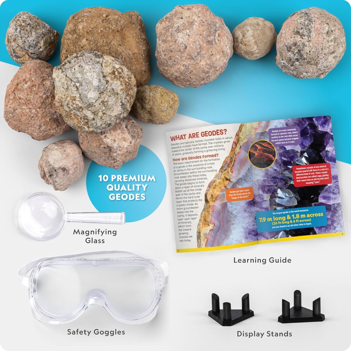 NATIONAL GEOGRAPHIC Break Open 10 Premium Geodes – Includes Goggles and 2 Display Stands - Great STEM Science Kit, Geology Gift for Kids, Break Your Own Geodes with Crystals, Toys for Boys and Girls - Image 6