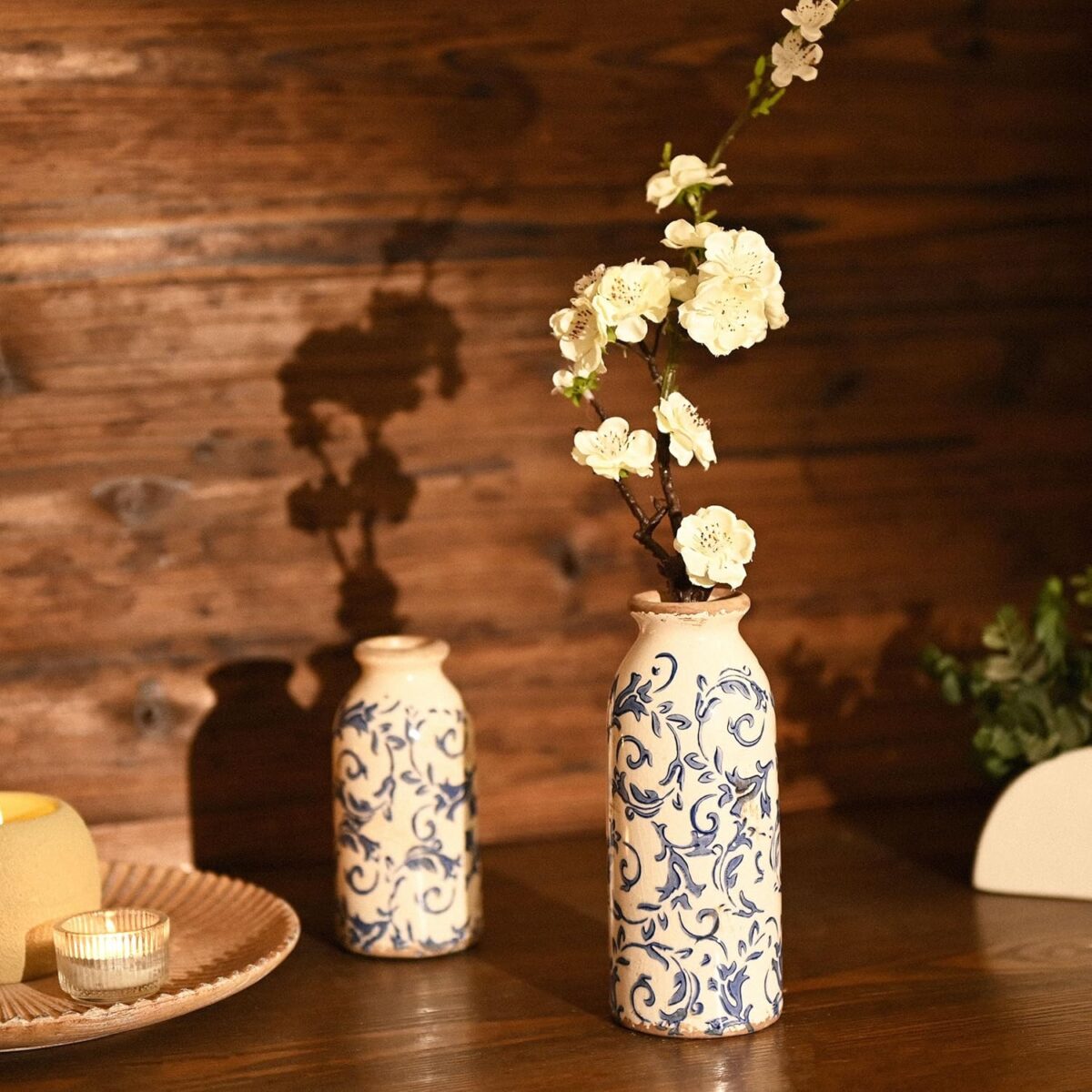VICTOR & TERESA Blue and White Ceramic Vases Home Decor, Farmhouse Vase for Flowers, Flower Vase Set of 2, Rustic Decorative Vases for Pampas Grass, Table, Living Room, Shelf, Centerpieces, 8 inch - Image 3