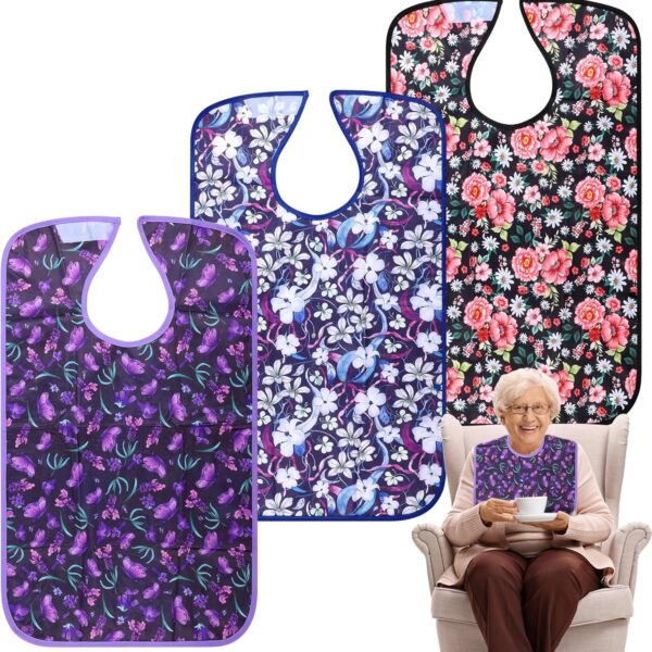 Adult Bibs - 3 Pcs Washable Clothing Protector with Crumb Catcher, Reusable Waterproof Large Feeding Adult Bib