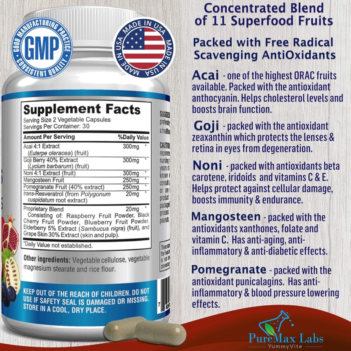 Super Antioxidant Fruit Superfood Complex - Powerful Antioxidant Superfruits, Acai, Goji, Noni, Mangosteen, Pomegranate, Elderberry, Resveratrol, Immune Support, Skin Care - 60 Capsules - Image 2