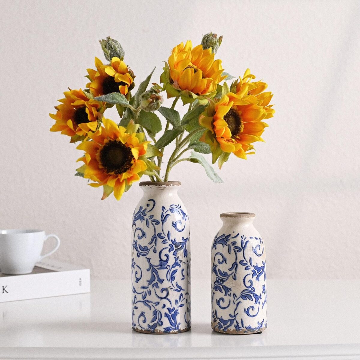 VICTOR & TERESA Blue and White Ceramic Vases Home Decor, Farmhouse Vase for Flowers, Flower Vase Set of 2, Rustic Decorative Vases for Pampas Grass, Table, Living Room, Shelf, Centerpieces, 8 inch - Image 6